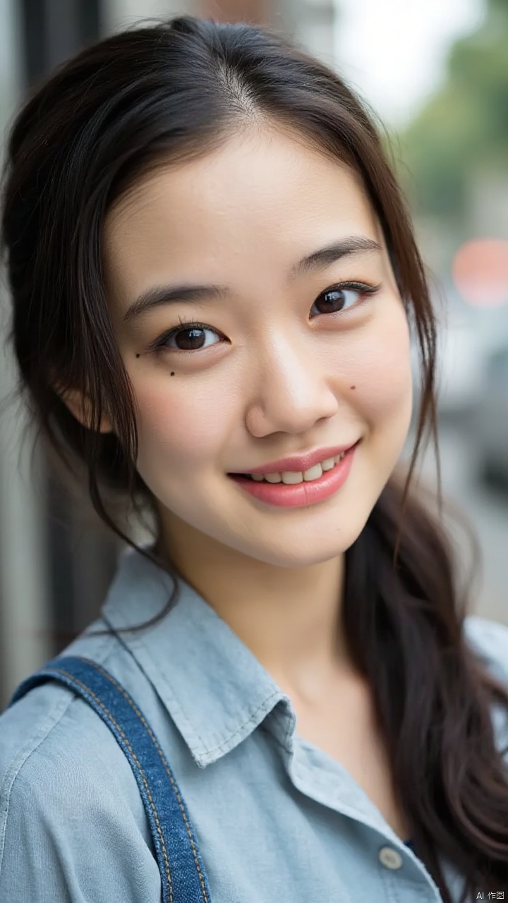 YuAoi,(close-up,Asian woman,long dark brown hair,brown eyes,light blue shirt,blue jeans,hair pulled back,cascades over shoulders,slight smile,beautiful detailed eyes,beautiful detailed lips,extremely detailed eyes and face,long eyelashes,(best quality,4k,8k,highres,masterpiece:1.2),ultra-detailed,(realistic,photorealistic,photo-realistic:1.37),HDR,UHD,studio lighting,ultra-fine painting,sharp focus,physically-based rendering,extreme detail description,professional,vivid colors,bokeh,portrait,soft natural light,delicate skin,gentle expression,modern fashion,urban setting)