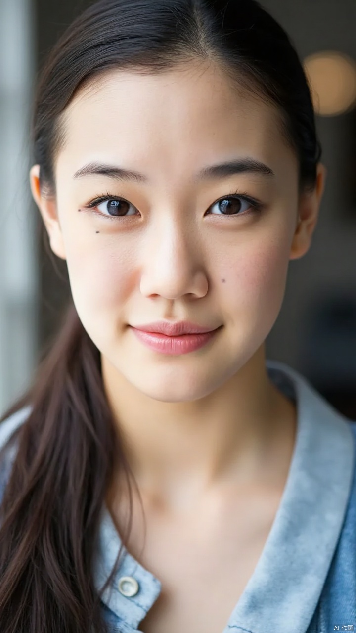 (close-up,Asian woman,long dark brown hair,brown eyes,light blue shirt,blue jeans,hair pulled back,cascades over shoulders,slight smile,beautiful detailed eyes,beautiful detailed lips,extremely detailed eyes and face,long eyelashes,(best quality,4k,8k,highres,masterpiece:1.2),ultra-detailed,(realistic,photorealistic,photo-realistic:1.37),HDR,UHD,studio lighting,ultra-fine painting,sharp focus,physically-based rendering,extreme detail description,professional,vivid colors,bokeh,portrait,soft natural light,delicate skin,gentle expression,modern fashion,urban setting)