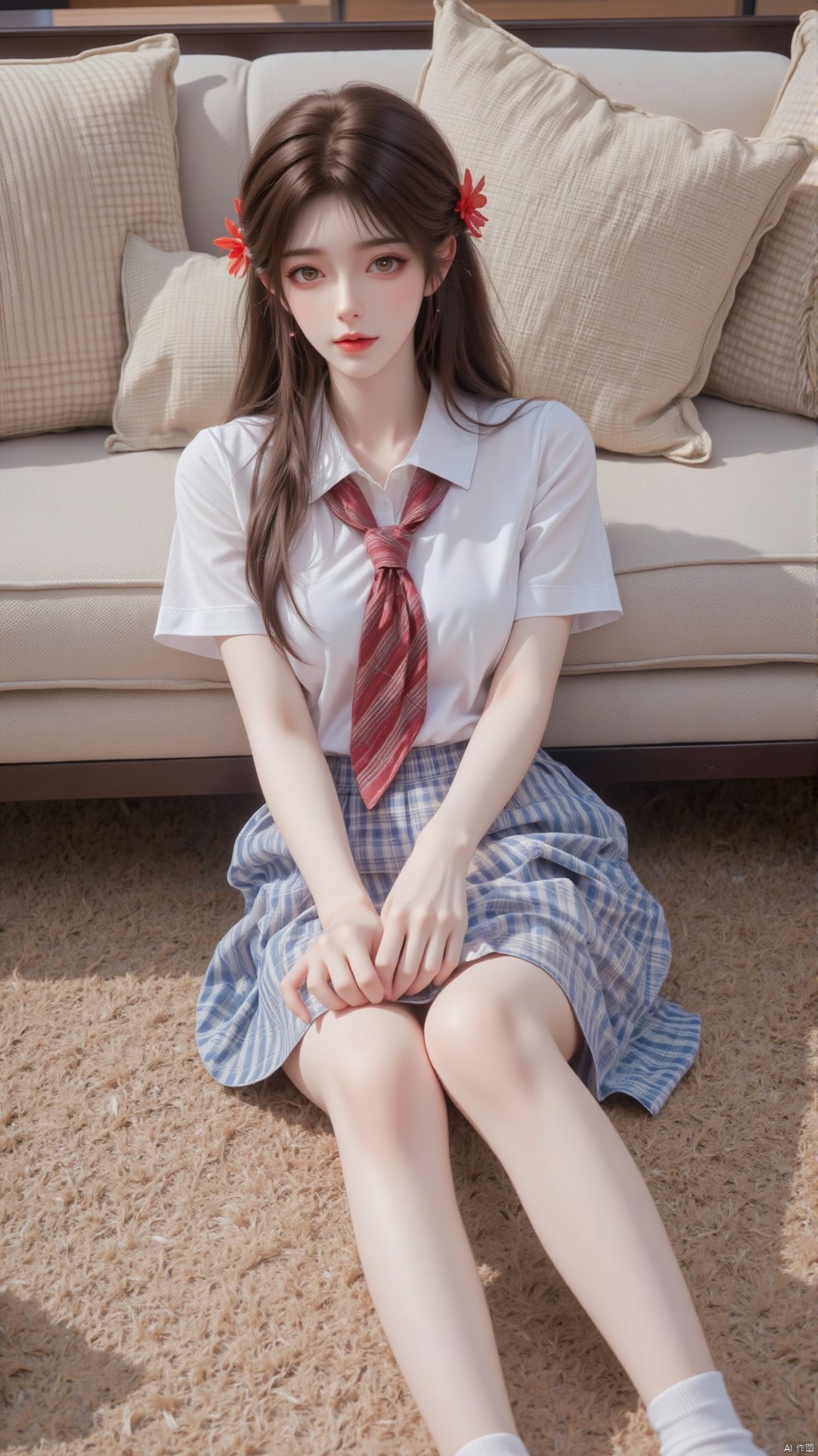 1 girl, solo, long hair, looking at the audience, dress, brown hair, shirt, hair accessories, bow, brown eyes, sitting posture, school uniform, full body, white shirt, flower, short sleeved, pleated skirt, shoes, socks, indoor, hair flower, tie, black shoes, blue dress, pillow, checkered cloth, sofa, checkered cloth dress, brown shoes, white socks, loafers, red lips, lobby. Tall. Long and slender legs. Perfect body proportions.