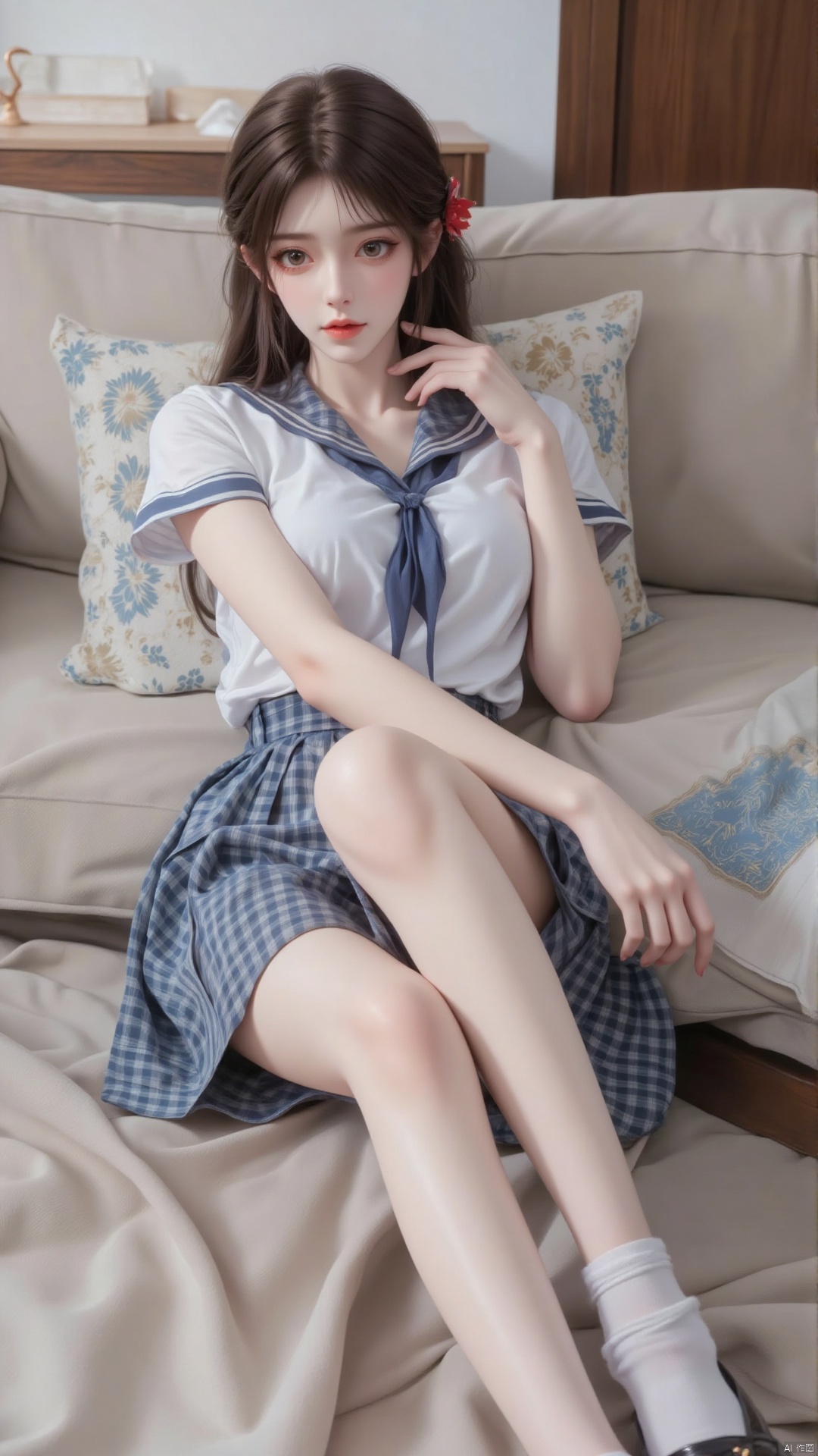 1 girl, solo, long hair, looking at the audience, dress, brown hair, shirt, hair accessories, bow, brown eyes, sitting posture, school uniform, full body, white shirt, flower, short sleeved, pleated skirt, shoes, socks, indoor, hair flower, tie, black shoes, blue dress, pillow, checkered cloth, sofa, checkered cloth dress, brown shoes, white socks, loafers, red lips, lobby. Tall. Long and slender legs. Perfect body proportions.