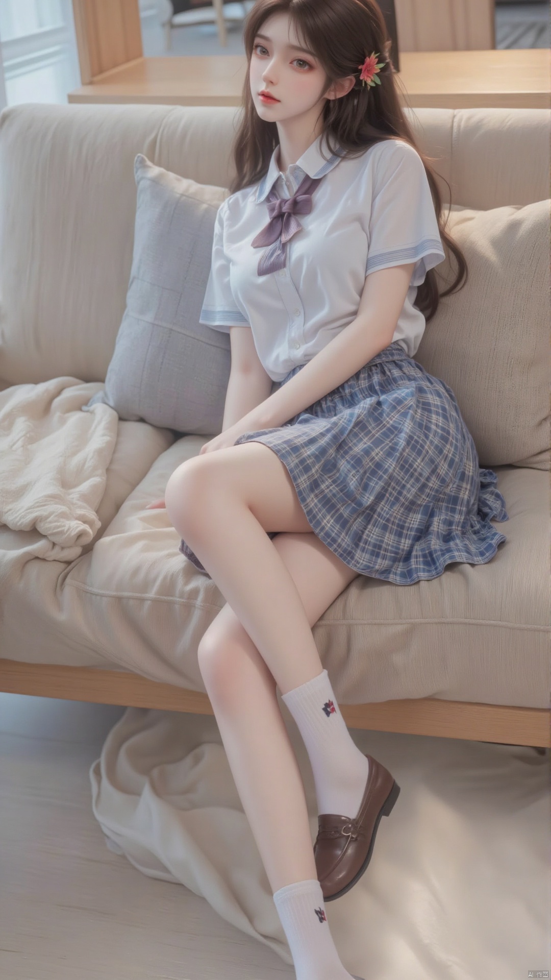 1 girl, solo, long hair, looking at the audience, dress, brown hair, shirt, hair accessories, bow, brown eyes, sitting posture, school uniform, full body, white shirt, flower, short sleeved, pleated skirt, shoes, socks, indoor, hair flower, tie, black shoes, blue dress, pillow, checkered cloth, sofa, checkered cloth dress, brown shoes, white socks, loafers, red lips, lobby. Tall. Long and slender legs. Perfect body proportions.
