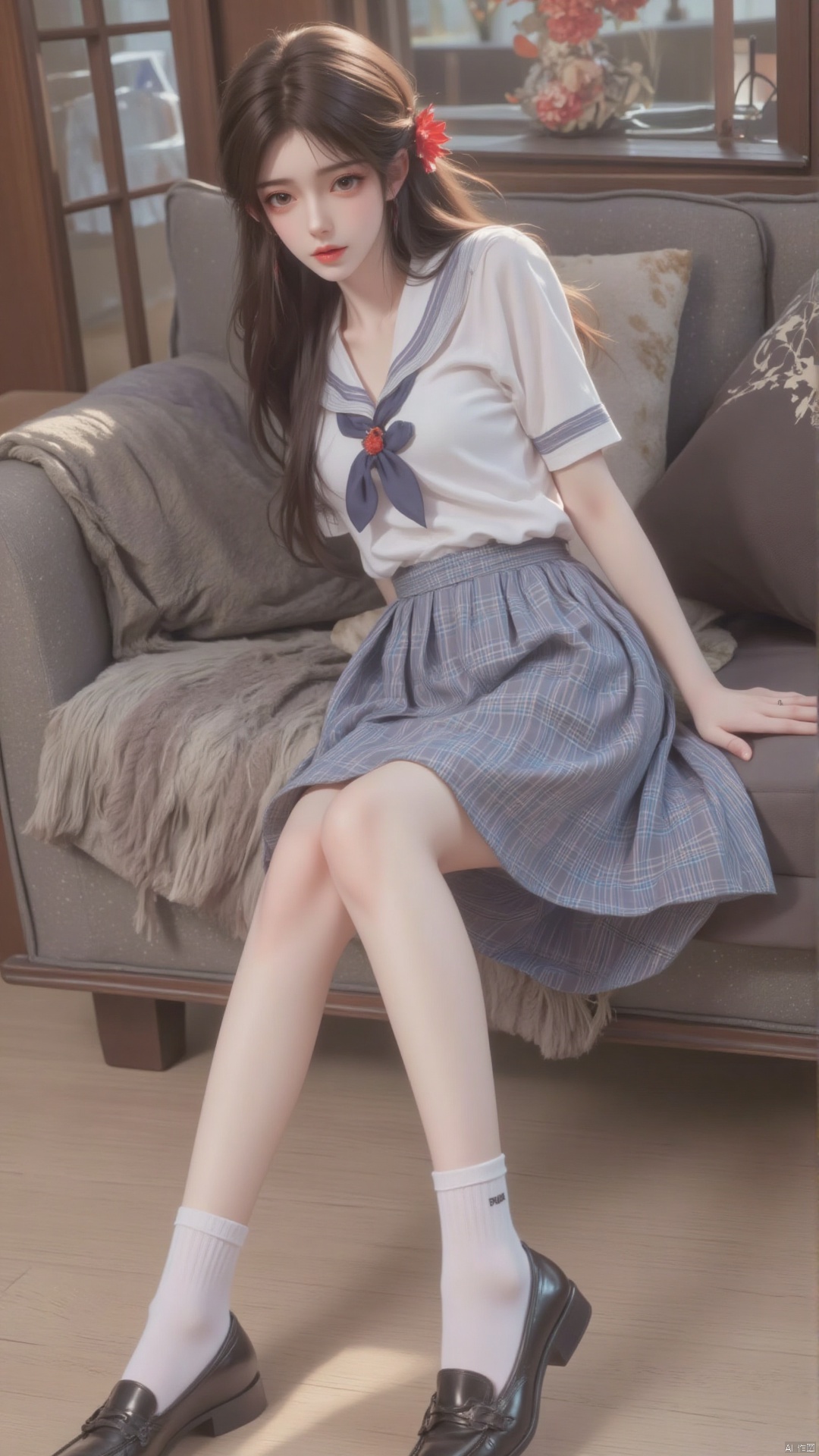 1 girl, solo, long hair, looking at the audience, dress, brown hair, shirt, hair accessories, bow, brown eyes, sitting posture, school uniform, full body, white shirt, flower, short sleeved, pleated skirt, shoes, socks, indoor, hair flower, tie, black shoes, blue dress, pillow, checkered cloth, sofa, checkered cloth dress, brown shoes, white socks, loafers, red lips, lobby. Tall. Long and slender legs. Perfect body proportions.