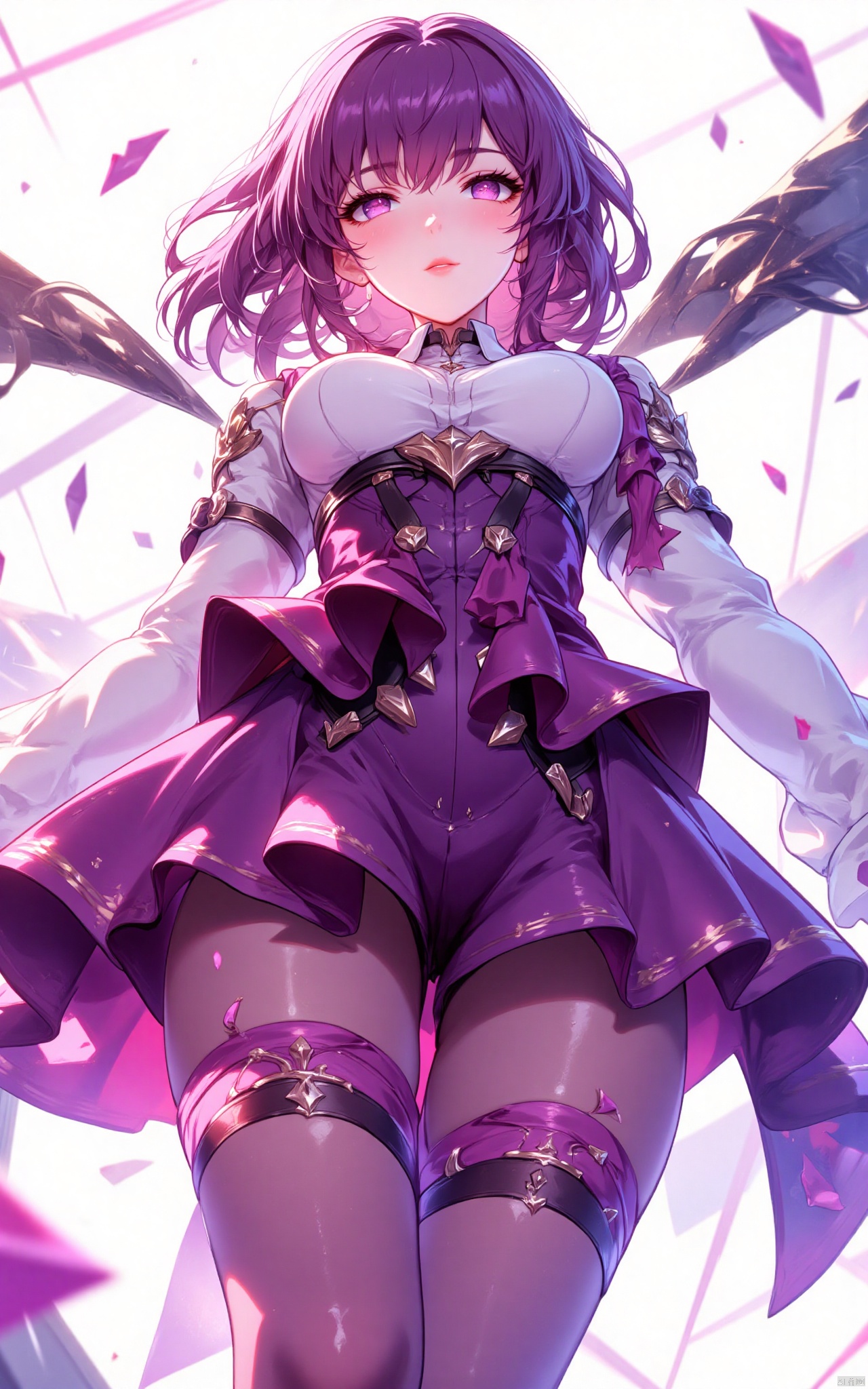 KAFKA\(hubggirl)\, Ultra clear, wallpaper, 8k, masterpiece, illustration, best quality, extremely detailed, mysterious, vivid color, shiny, best quality, intricate, good anatomy, beautiful lighting, KAFKA\(hubggirl)\, 21yo girl, solo, white background, purple eyes, purple hair, purple skirt, Dynamic angle, purple theme, particle effects, wide shot, from below, volumetric lighting, detailed eyes,