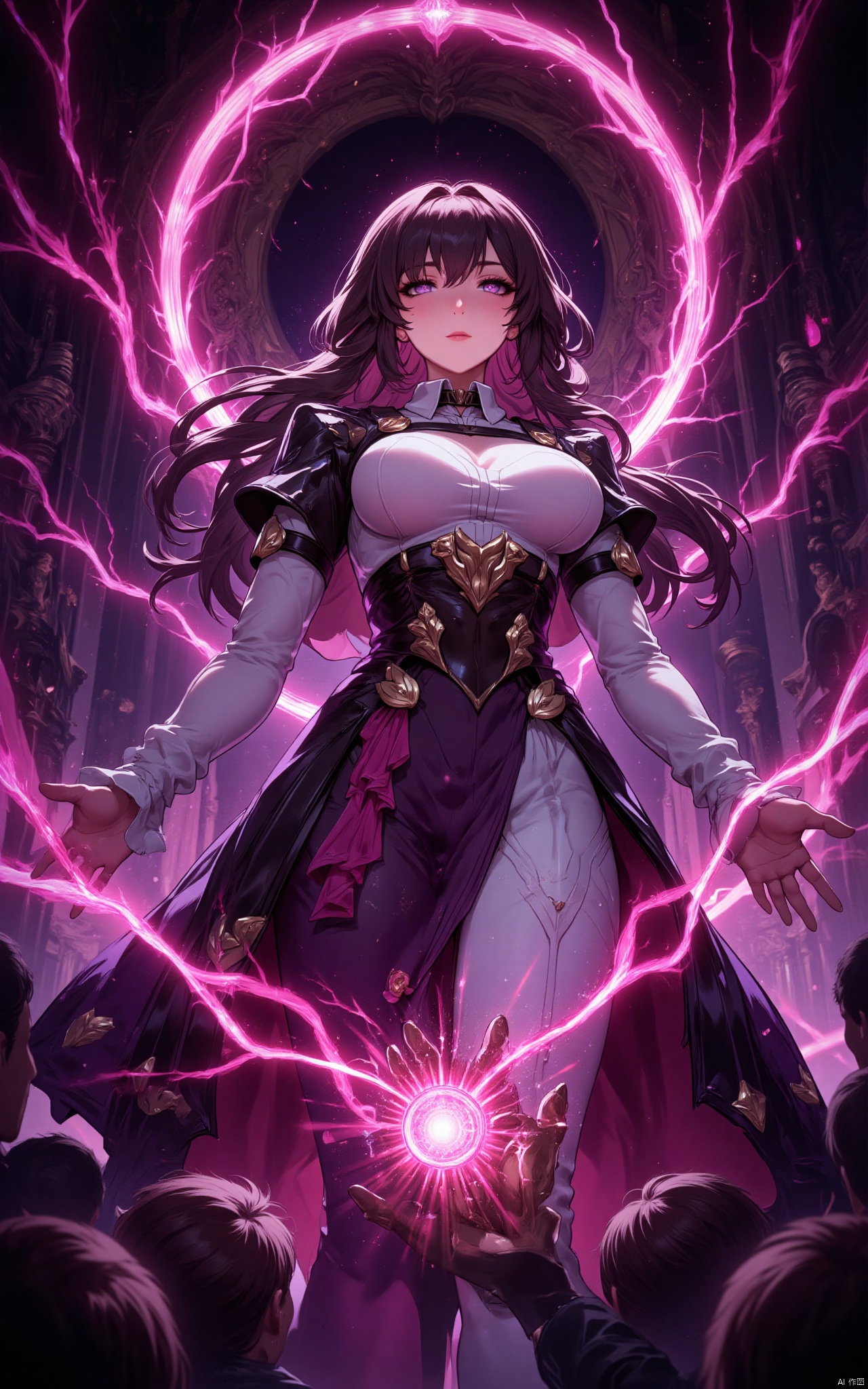 KAFKA\(hubggirl)\, illustration, masterpiece, best quality, extremely detailed, wallpaper, 8k, mysterious, vivid color, shiny, best quality, intricate, good anatomy, beautiful lighting, 1girl, KAFKA\(hubggirl)\, open hand, Lightning, magic circle, light particles, light rays, Magic Circle, cowboy shot, wide shot, volumetric lighting, detailed eyes,