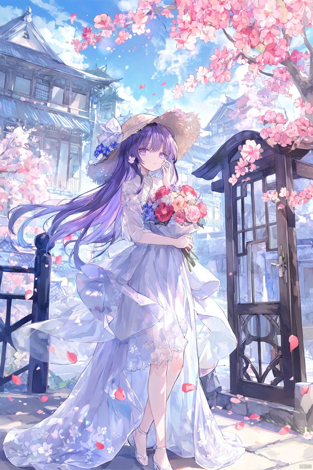 Digital art,illustration,In this enchanting scene,a young woman stands poised on a stone pavement,her figure framed by the delicate folds of a flowing white gown that cascades to the ground in a translucent,ethereal manner. The dress is embellished with lace and floral details,suggesting a connection with nature,and its sheer fabric allows light to filter through,casting a soft glow on the figure and the surrounding environment. She wears a wide-brimmed hat,its brim shading her face and adding a touch of mystery to her presence. In her hands,she holds a bouquet of flowers,their colors ranging from deep purples to soft pinks,echoing the hues of the blossoms that surround her. The architecture in the background is classical,with stone balustrades and ornate wooden doors,hinting at a European setting. The sky above is a canvas of blue,dotted with wisps of clouds,and the air seems filled with the gentle motion of petals caught in a breeze. The overall atmosphere of the image is one of serene elegance,imbued with a sense of nostalgia and tranquility. The interplay of light and shadow,the textures of the materials,and the harmonious color palette all contribute to a dreamlike quality that beckons the viewer into a world of quiet beauty and timeless grace.,
