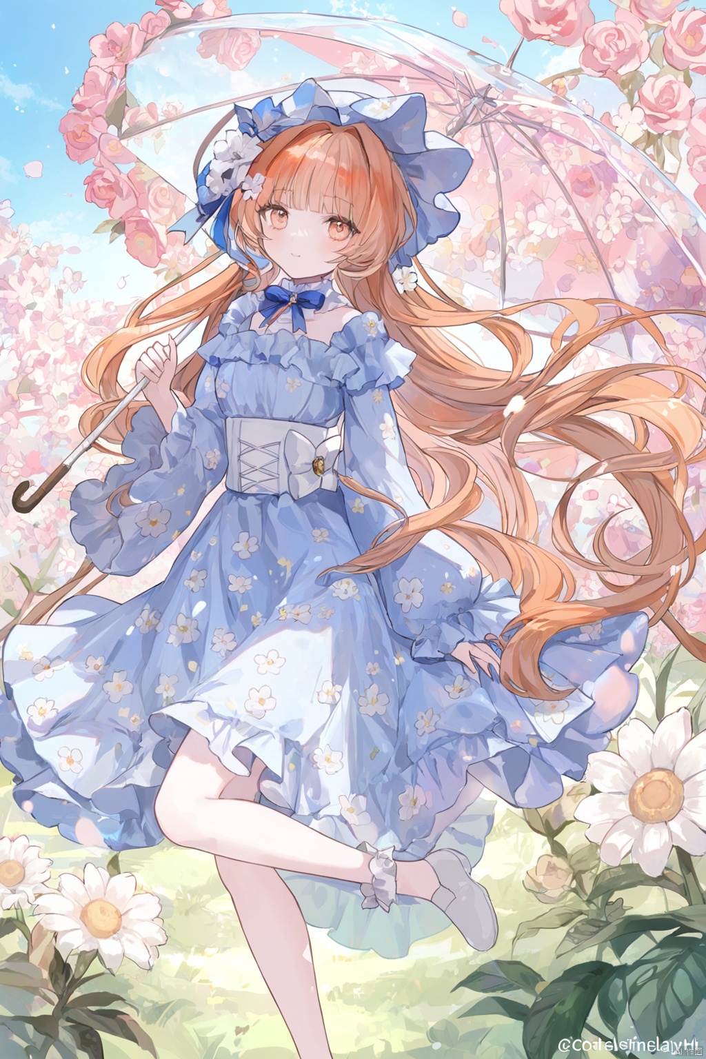 1girl, an anime fb girl in floral print, in the style of light silver and light blue, dreamlike portraiture, dark white and light orange, marguerite blasingame, cottagecore, charles spencelayh, serge marshennikov