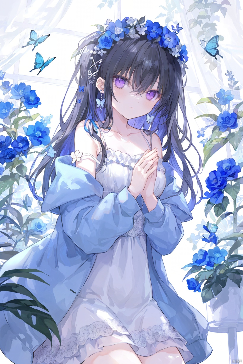 1girl, solo, long hair, looking at viewer, bangs, black hair, hair ornament, long sleeves, dress, hair between eyes, bare shoulders, jewelry, closed mouth, blue hair, purple eyes, collarbone, jacket, flower, cowboy shot, earrings, open clothes, sleeveless, puffy sleeves, hair flower, off shoulder, white dress, open jacket, head tilt, sleeveless dress, own hands together, bug, plant, blue jacket, butterfly, backlighting, blue flower, spaghetti strap, head wreath
