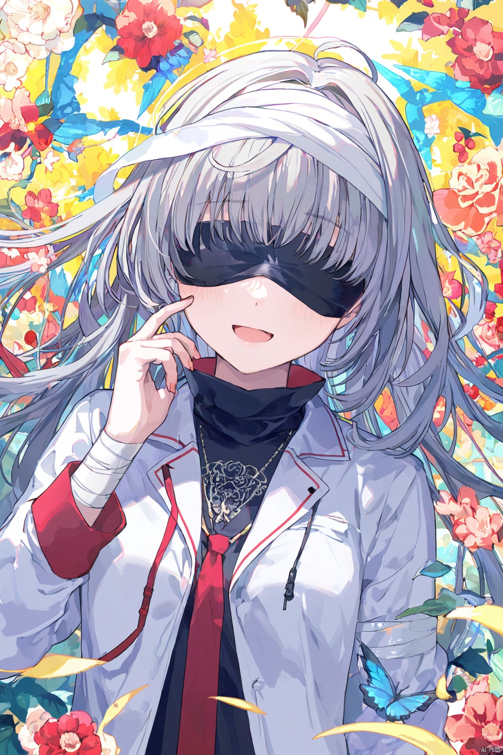 (masterpiece, top quality, official art, beautiful and aesthetic:1.2), blindfold, solo, 1girl, open mouth, long hair, long sleeves, bangs, smile, upper body, bandages, shirt, extreme detailed, highest detailed, playful patterns, lively texture, unique visual effect, Pixel style, best quality