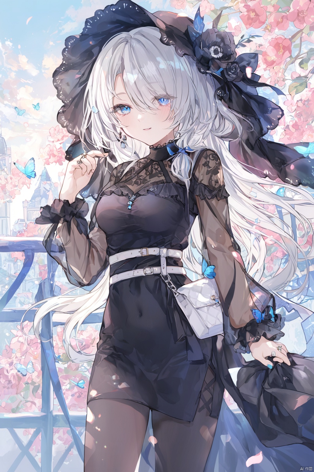 ,line art,line style,street,cloudy sky,vibrant colors,
1girl,solo,
blue eyes,white hair,long hair,hair over one eye,swept bangs,low braid,single braid,medium breasts,
black dress,silk,long sleeves,see-through sleeves,lace-trim,belt,bag,wedding ring,black leggings,
upper body,looking at viewer,blush,half-closed eyes,light smile,hand up,(close-up),dutch angle,
masterpiece,bestquality,depth of field,