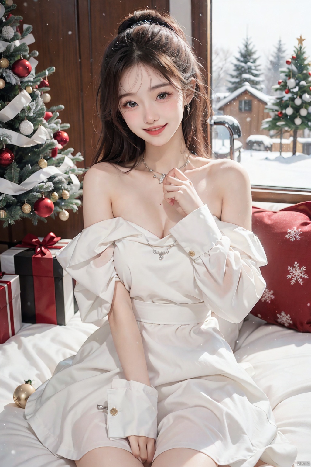 21yo girl In a black-and-white HUBG_Christmas_dress, snowing,with a smile on her face.
