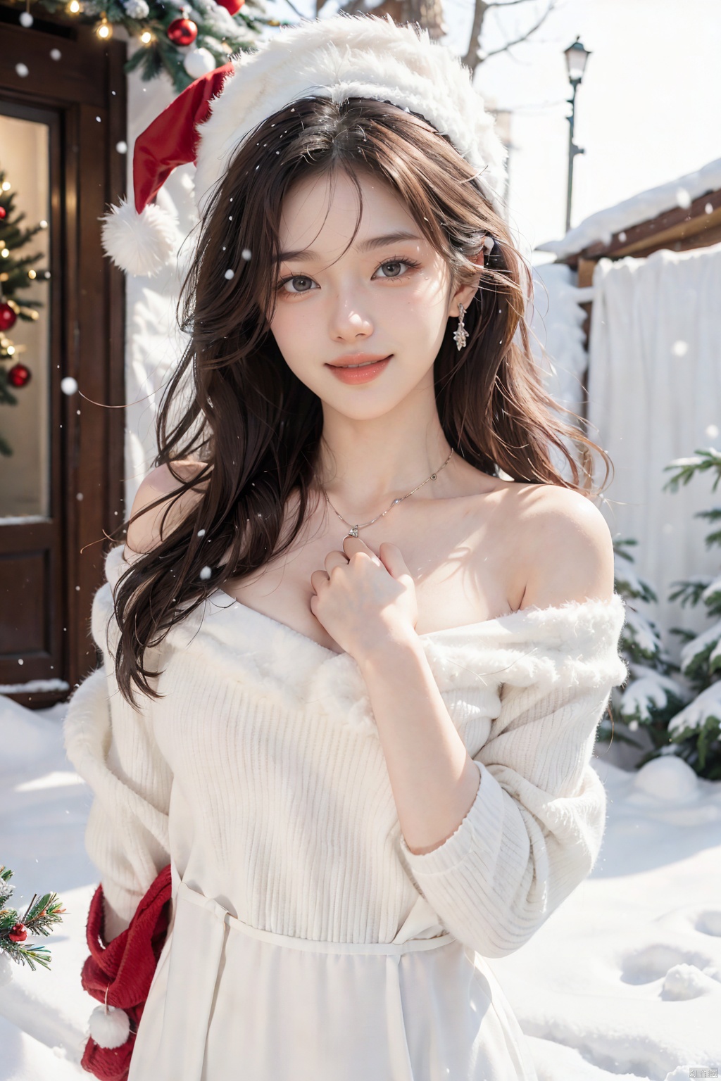 21yo girl In a black-and-white HUBG_Christmas_dress, snowing,with a smile on her face.