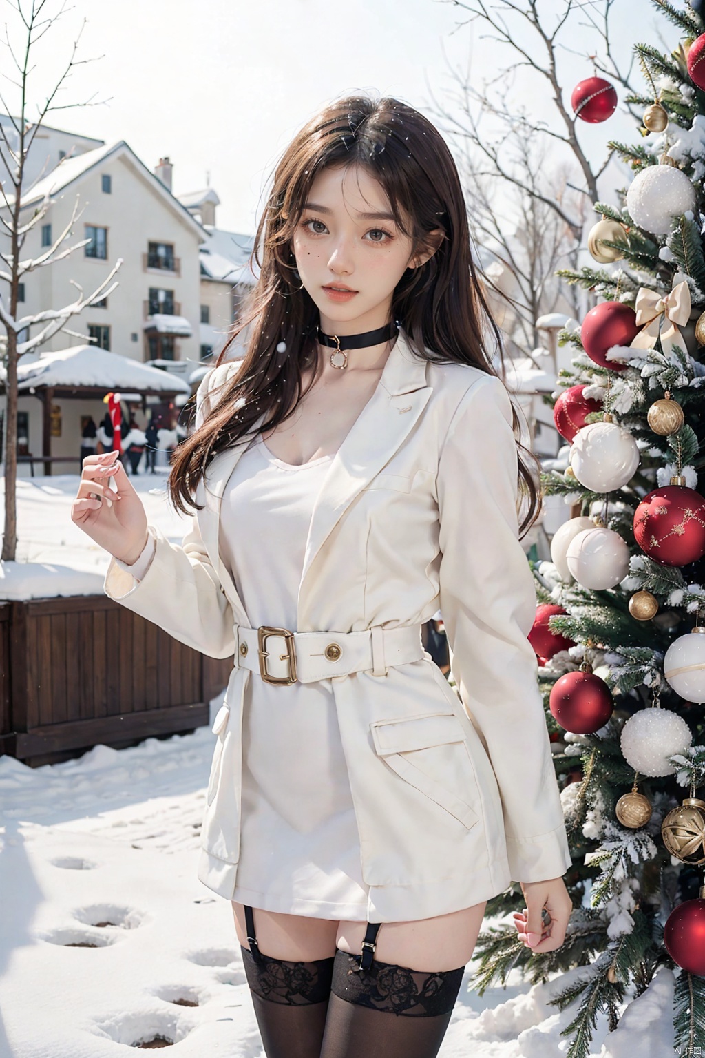 HUBG_Christmas_dress,
1girl, solo, long hair, looking at viewer, brown hair, thighhighs, dress, brown eyes, standing, jacket, outdoors, parted lips, choker, black thighhighs, mole, black dress, white jacket, box, christmas, snow, gift, snowing, christmas tree