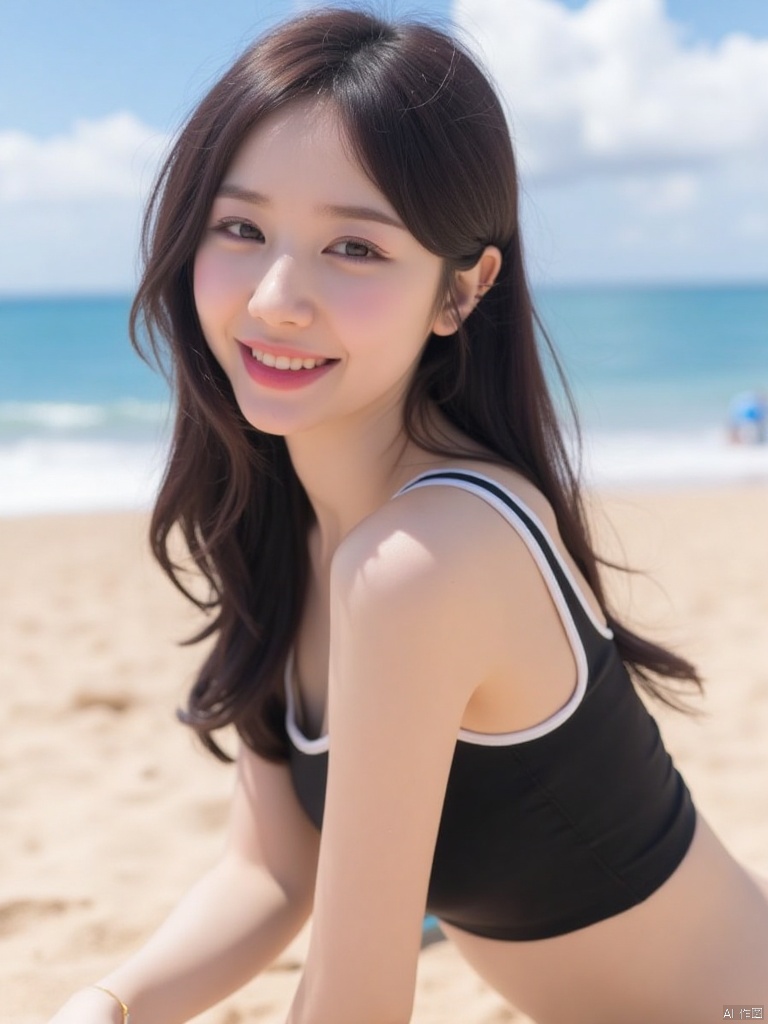 digital art, 4K, Asian, a stunning Asian beauty woman, digital art, 4K, Asian Beauty,a young Asian woman with long dark brown hair, wearing a black and white bikini top, stands on a sandy beach. The woman's left arm is bent at the elbow, while her right arm is resting on the sand. She is smiling, her lips are painted pink, and her eyes are a piercing blue. The sky above her is filled with white, fluffy clouds, adding a pop of color to the scene.