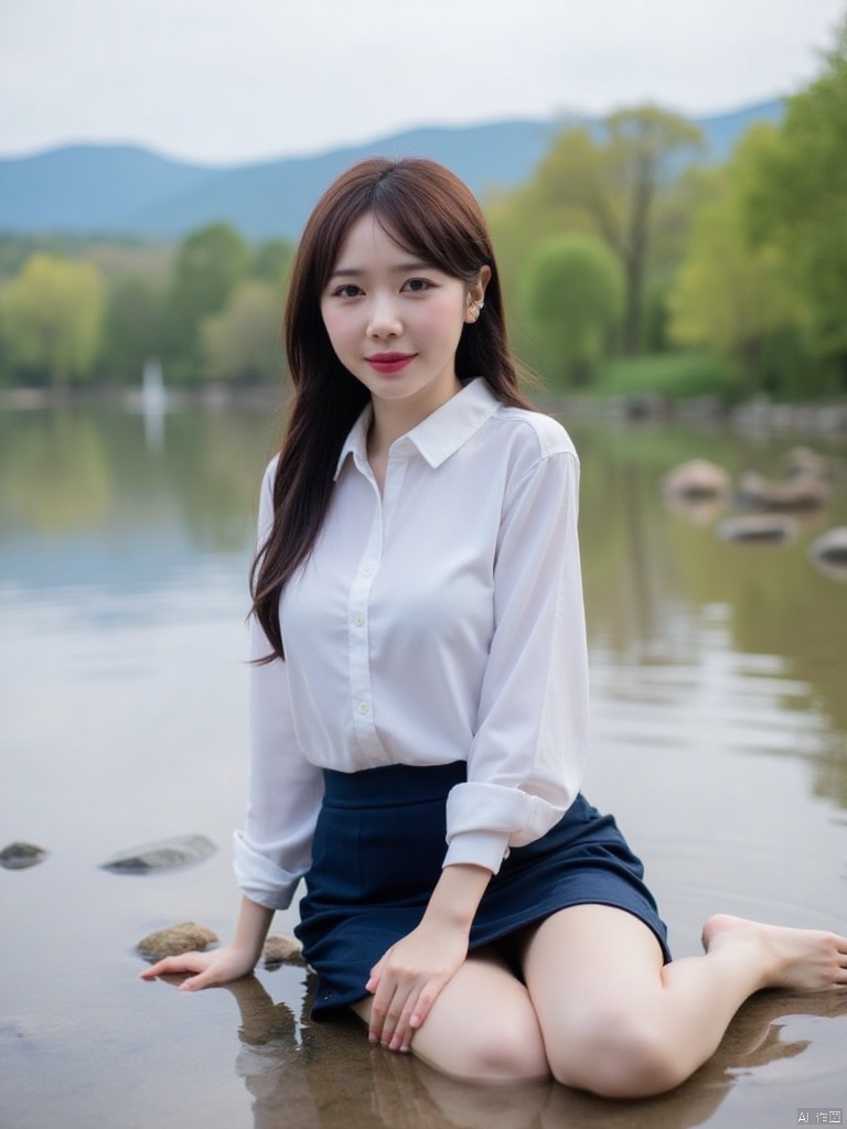 a woman with long brown hair, wearing a white button-down shirt and a navy blue skirt is sitting in the water. The woman's left leg is resting on the water's edge, while her right leg is bent at the waist. The water is a murky brown, and there are a few rocks floating on the surface. The background is blurred, with a mountain range in the distance. The sky is a pale blue, and the trees are a vibrant green.
