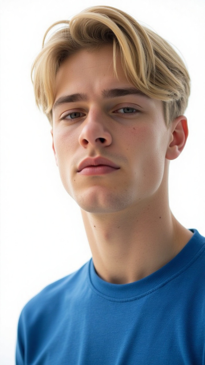 A shot of a teenage popstar posing with confidence on a crisp white background,  illuminated by soft lighting that casts a...