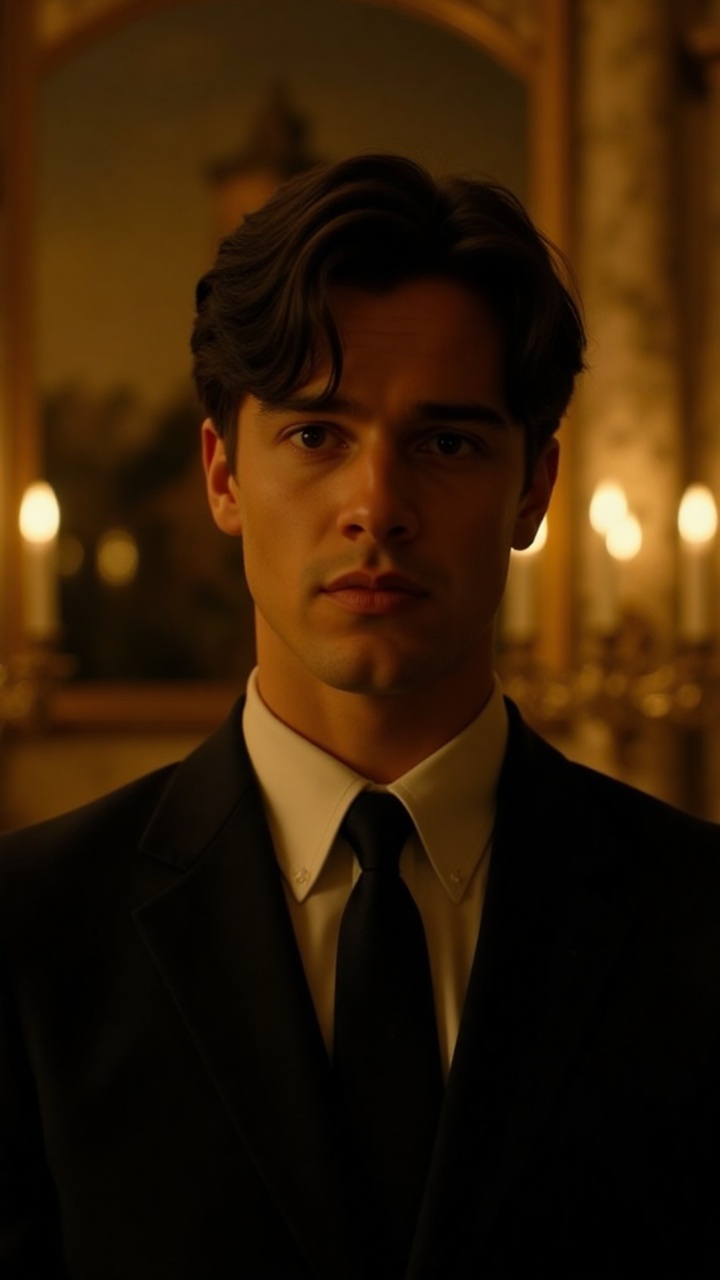 a cinematic shot of a young man in a formal black suit and tie,  standing against a dimly lit,  opulent background with so...