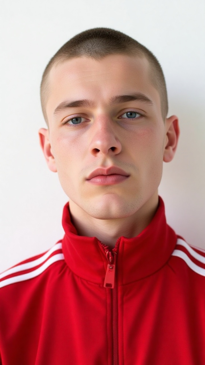 a photorealistic a pale young man,  posing like a supermodel against a stark white backdrop. The man's head is angled slig...