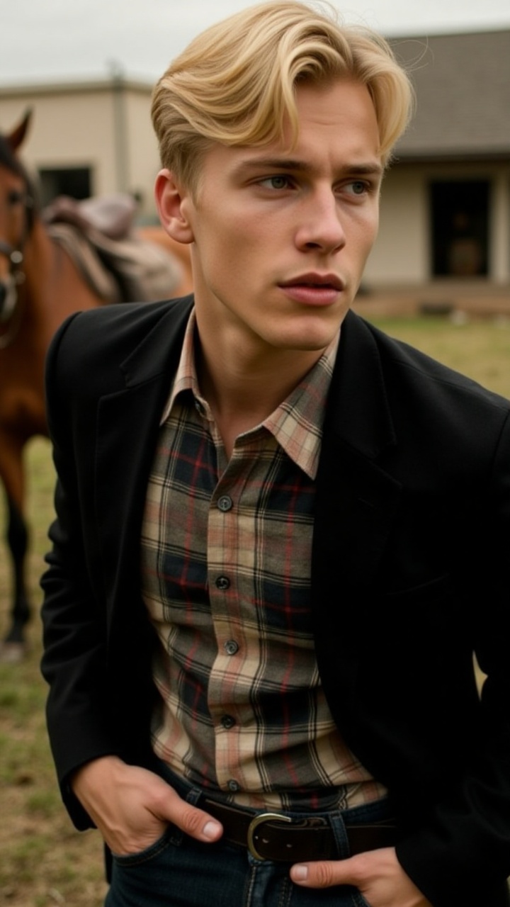 a young man with blonde hair,  wearing a black jacket and a plaid button-down shirt. His left arm is stretched out in fron...