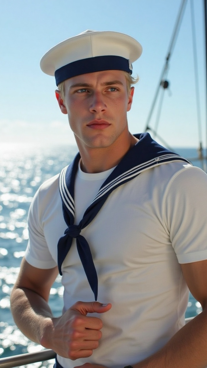 A majestic close-up IMAGE portrait of a blonde American sailor with deep blue eyes stands near the railing of his naval sh...