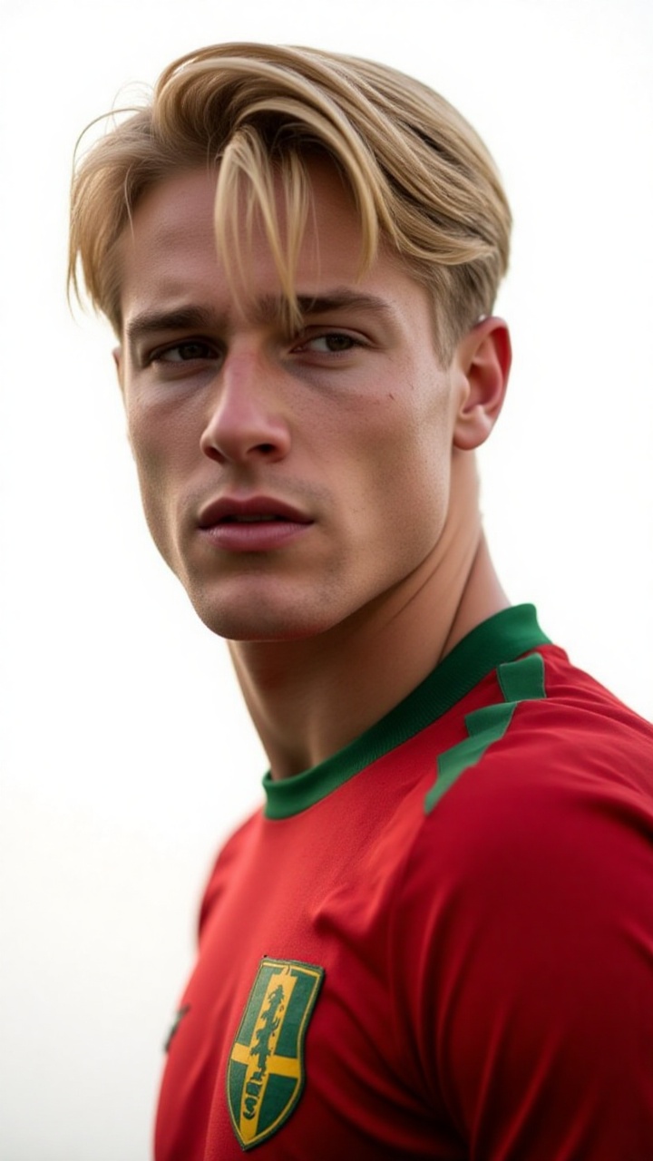 Captured at eye-level,  a close-up shot of a soccer player,  dressed in a red and green jersey on Tensor.Art