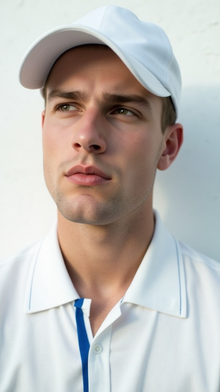 a photorealistic close-up shot of a young man's face is visible from a low angle. He is dressed in a white tennis button-d...