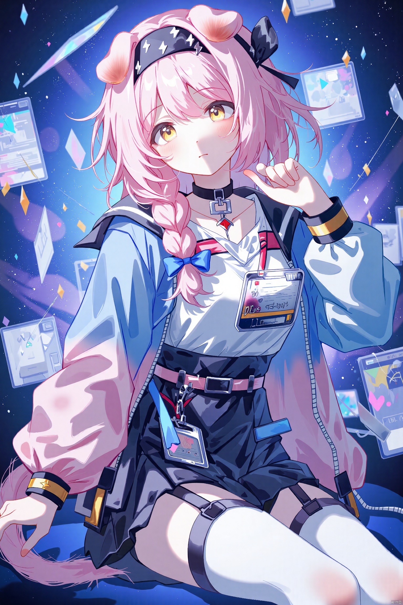 1girl, solo, long hair, looking at viewer, blush, bangs, skirt, shirt, thighhighs, long sleeves, bow, animal ears, sitting, jacket, tail, yellow eyes, white shirt, pink hair, braid, hair bow, hairband, frills, parted lips, open clothes, choker, cat ears, black skirt, white thighhighs, open jacket, zettai ryouiki, cat tail, single braid, feet out of frame, blue bow, black hairband, cat girl, blue jacket, hair over shoulder, high-waist skirt, pink jacket, id card, floating object, floppy ears, goldenglow \(arknights\),dynamic pose,see-through