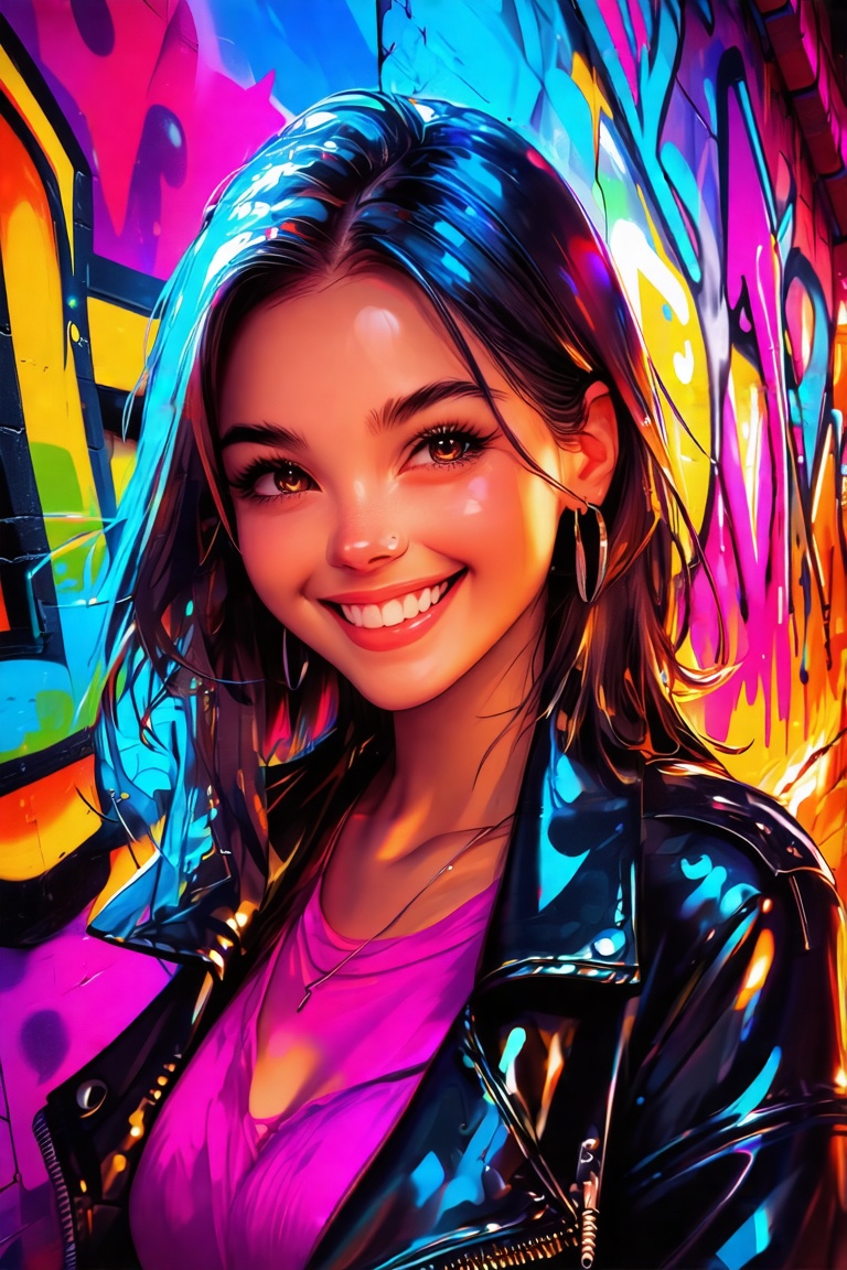 A glossy artbook spread featuring a smiling girl,  vibrant glossy texture,  detailed facial features on Tensor.Art