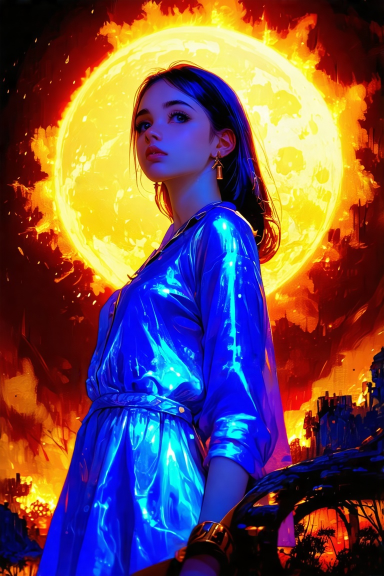 A glossy artbook spread featuring a girl standing in front of an eclipse,  vibrant glossy texture,  detailed facial featur...