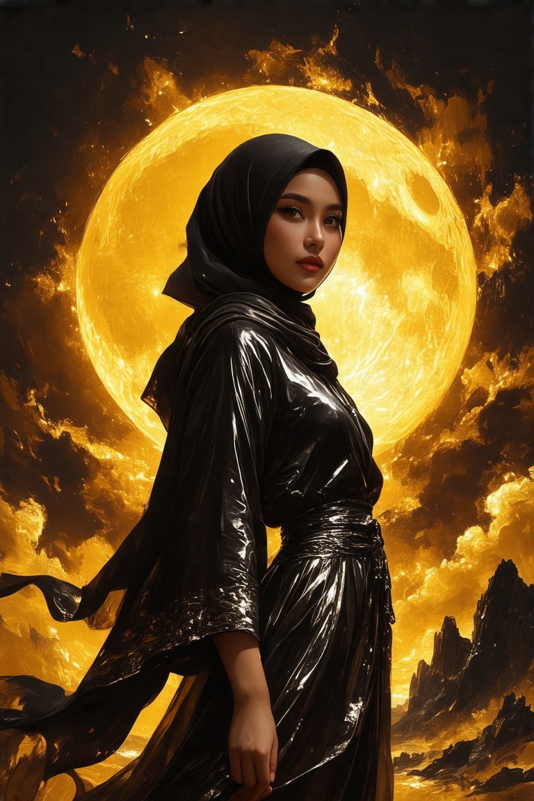 A glossy artbook spread featuring a Malay woman wearing a long,  loose hijab that covers her chest,  vibrant glossy textur...