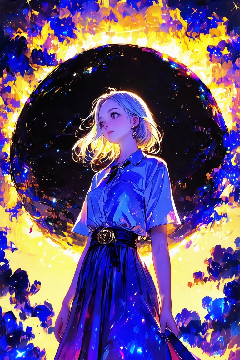 A glossy artbook spread featuring a girl standing in front of an eclipse,  vibrant glossy texture,  detailed facial featur...