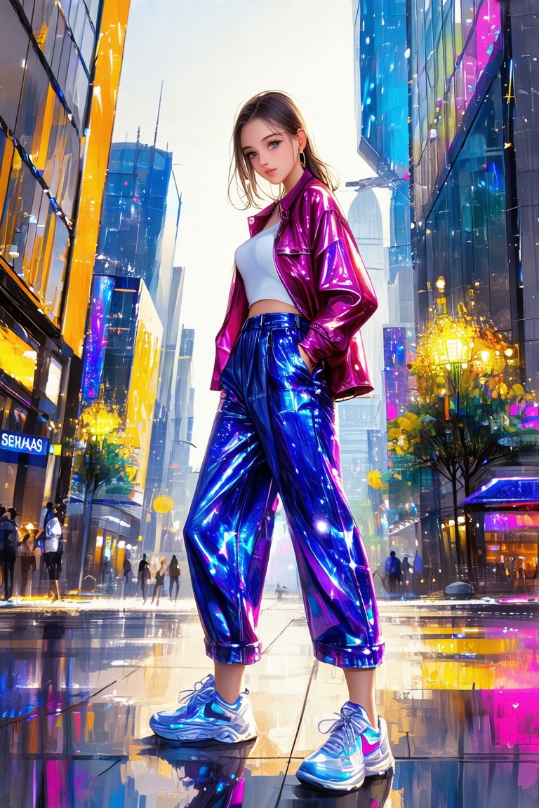 A glossy artbook spread featuring a girl in casual wear,  vibrant glossy texture,  detailed outfit design on Tensor.Art