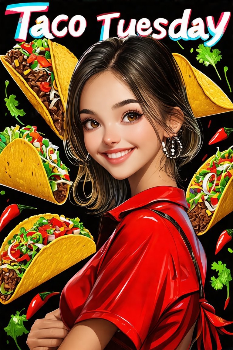 A glossy artbook spread featuring a Taco Tuesday poster with a black background,  vibrant glossy texture,  detailed taco i...