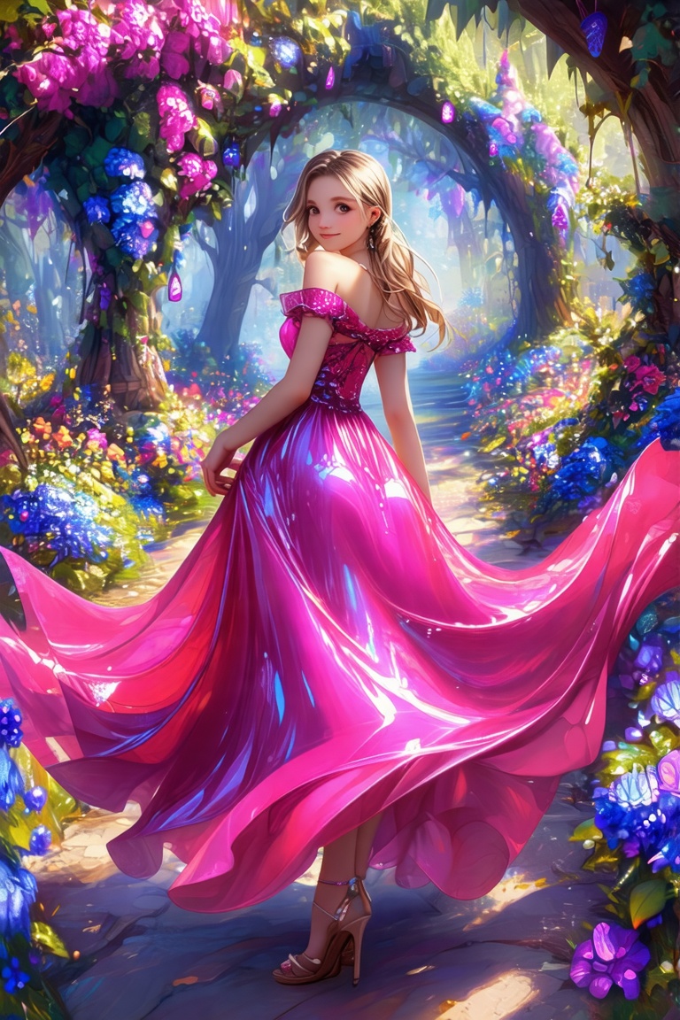 A glossy artbook spread featuring a girl in a pink dress,  vibrant glossy texture,  detailed dress design on Tensor.Art