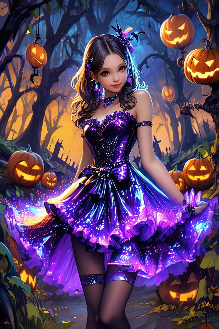 A glossy artbook spread featuring a girl in a Halloween-themed dress,  vibrant glossy texture,  intricate costume design o...