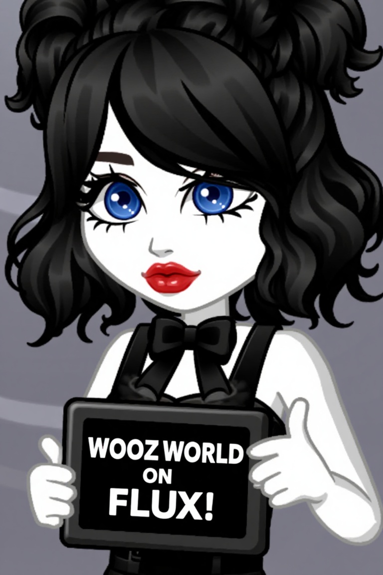 An animated image of a girl with black hair and blue eyes. She is wearing a black dress with a black bow tie and black sus...