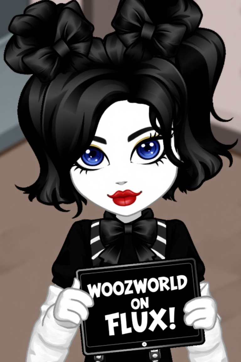An animated image of a girl with black hair and blue eyes. She is wearing a black dress with a black bow tie and black sus...