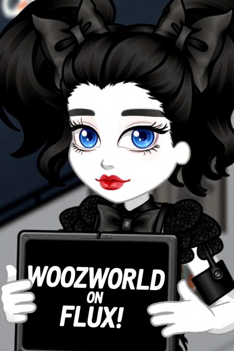 An animated image of a girl with black hair and blue eyes. She is wearing a black dress with a black bow tie and black sus...