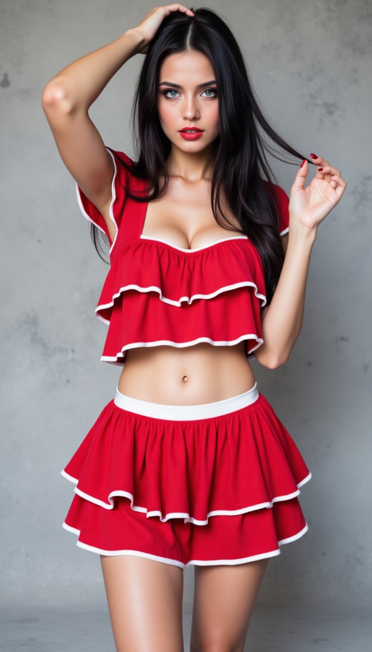 a woman with long black hair stands in front of a gray wall. She is wearing a short red skirt with a white stripe down the...