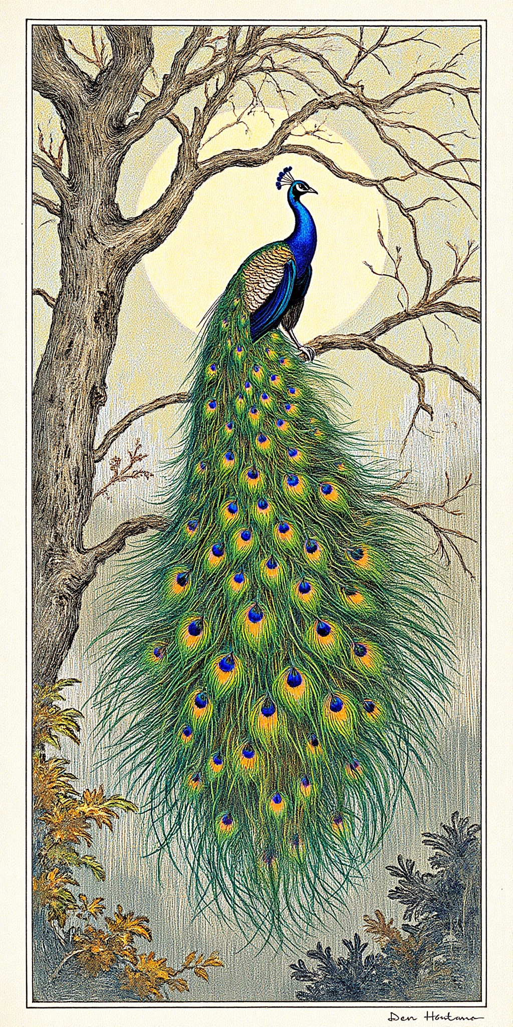 "Art Nouveau illustration of a peacock with vibrant green,  blue,  and gold plumage on Tensor.Art