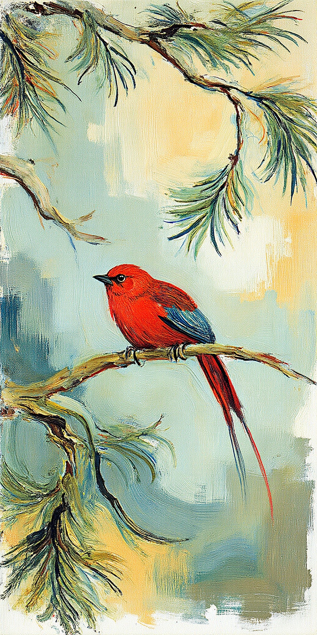"Art Nouveau illustration of a vibrant bird perched diagonally on a tree branch,  inspired by Theo van Hoytema. The bird f...