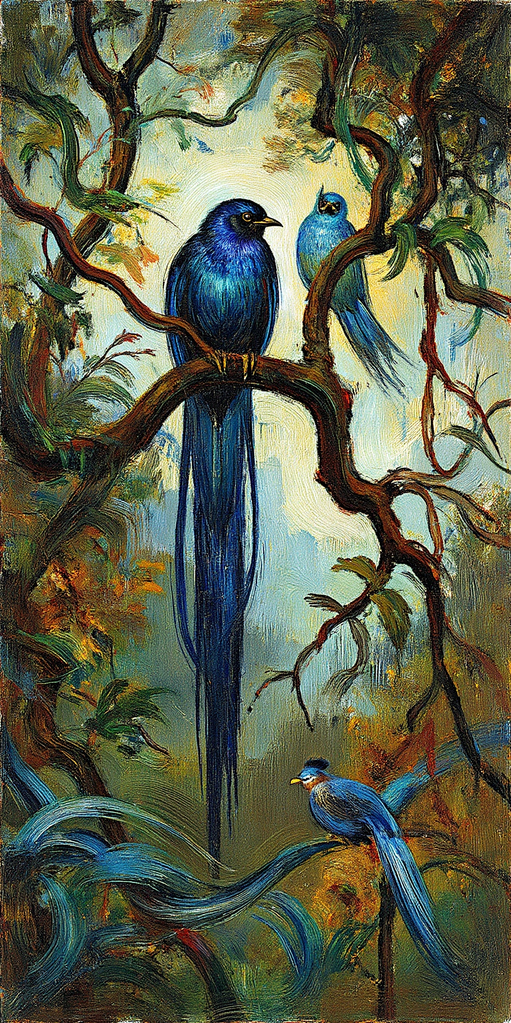 "Art Nouveau illustration of two Blue Birds of Paradise perched amidst twisted branches and dense jungle foliage,  inspire...