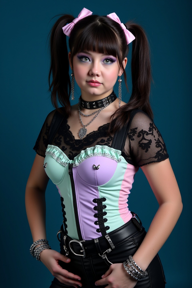 Portrait photo of Kleofia featured in a dynamic pose with a Gothic Emo style fused with pastel punk fashion,  20 years old...