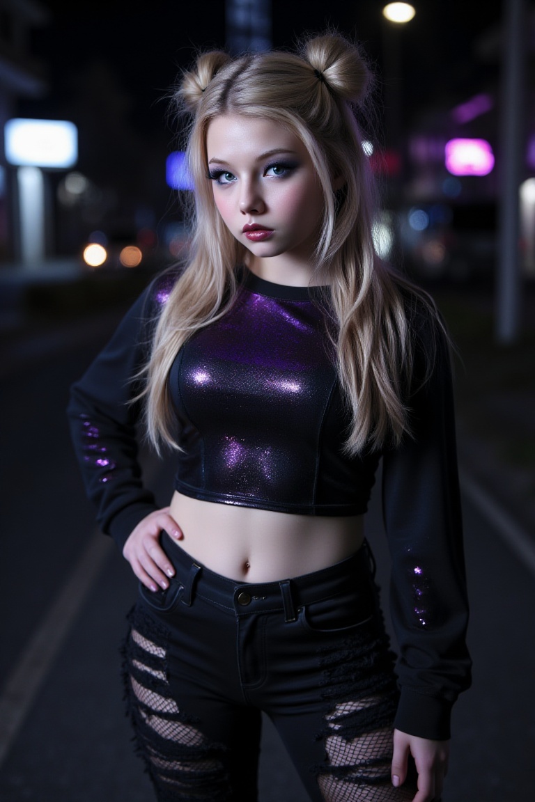 A gothic Kleofia stands with effortless confidence,  her presence radiating an enigmatic allure. Her striking blonde hair,...