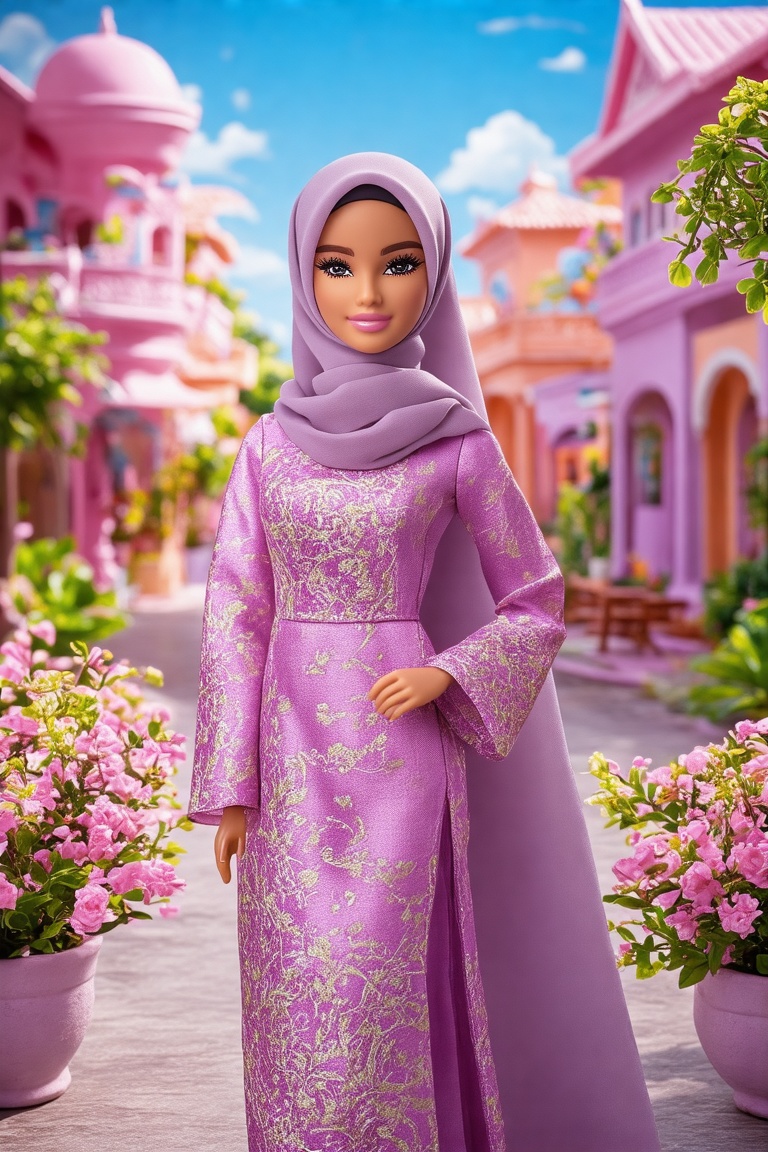 A vibrant Barbie World scene featuring a Barbie doll wearing a plain hijab and baju kurung style outfit. The doll is dress...
