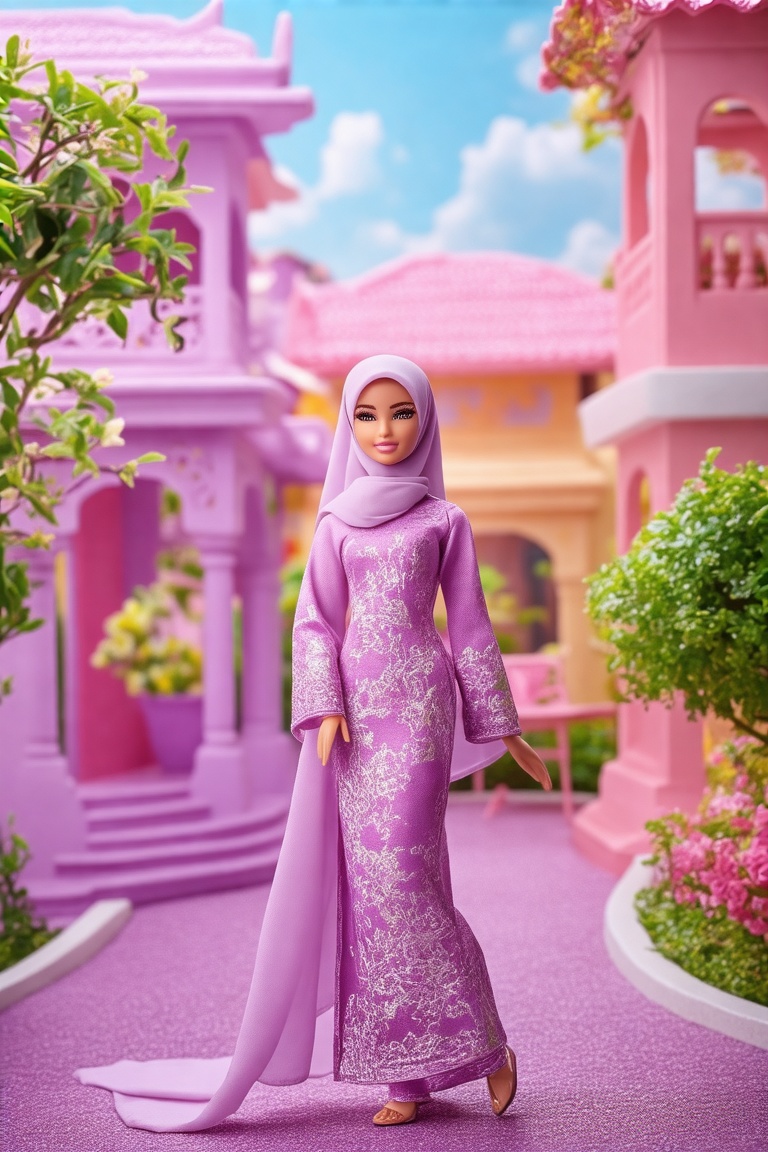 A vibrant Barbie World scene featuring a Barbie doll wearing a plain hijab and baju kurung style outfit. The doll is dress...