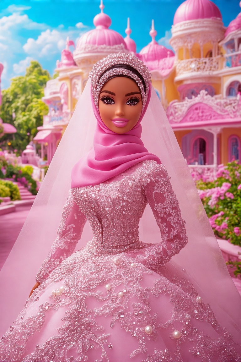 A vibrant Barbie World scene featuring a Malay Barbie doll in a pretty hijab and a wedding dress adorned with beads,  pear...