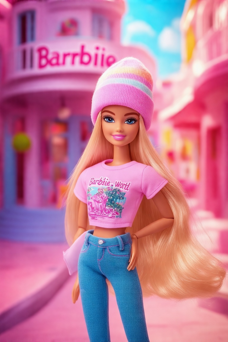 A half medium shot of a Barbie doll in a vibrant Barbie World,  wearing casual wear with a beanie. The doll is dressed in...