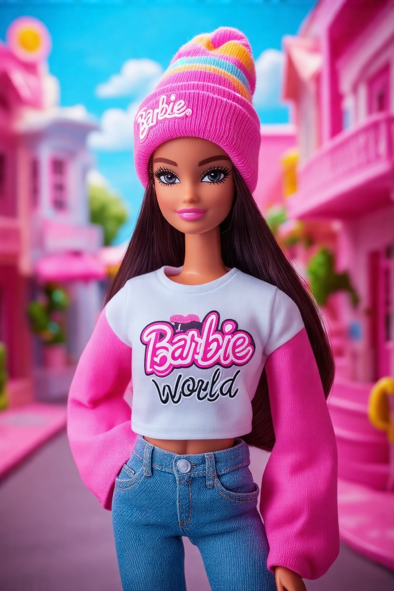 A half medium shot of a Barbie doll in a vibrant Barbie World,  wearing casual wear with a beanie. The doll is dressed in...