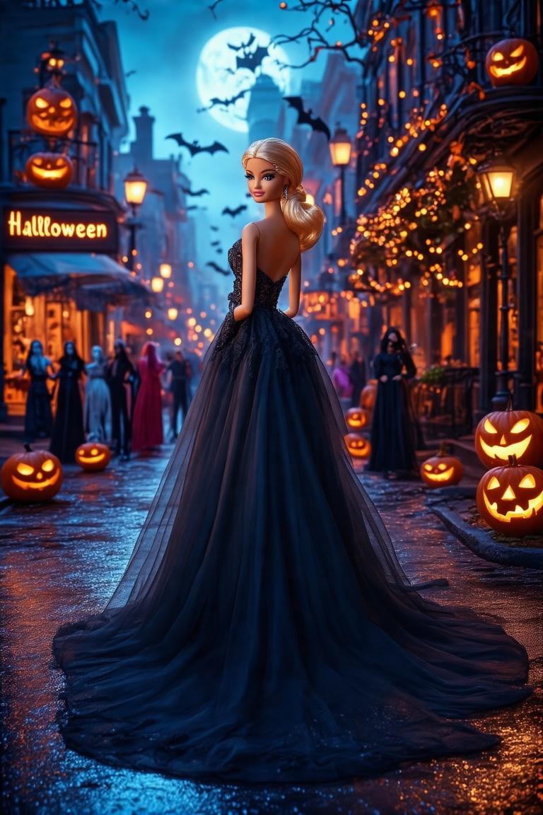 A Barbie World scene featuring a Barbie doll in a flowy gown dress,  set during Halloween time in an urban city. The doll...