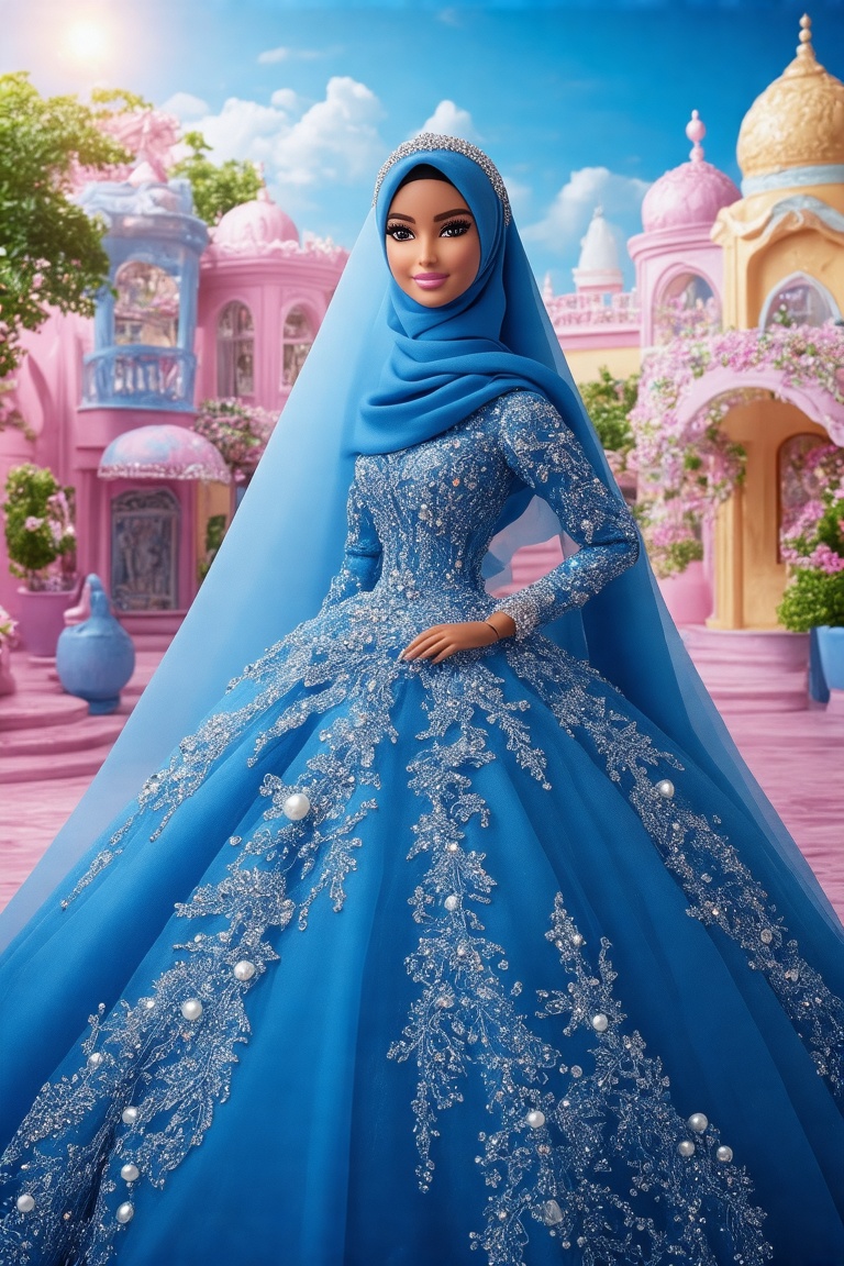 A vibrant Barbie World scene featuring a Malay Barbie doll in a pretty hijab and a blue wedding dress adorned with beads,...